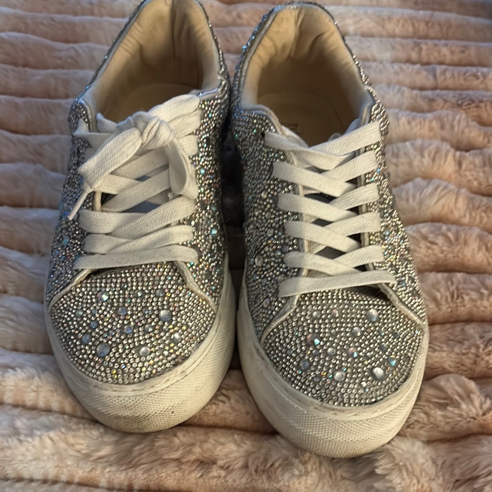 Betsey Johnson Silver Sneakers with Glittery Upper and Rhinestone Embellishments
